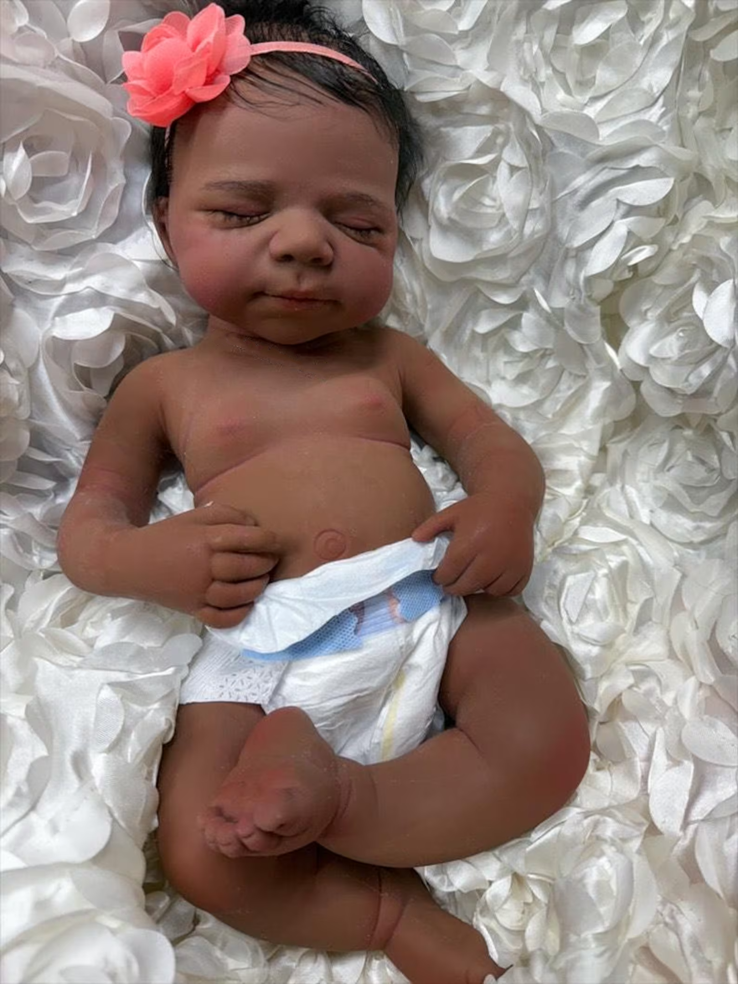 Full Body Marshmallow Platinum Silicone, Black, Biracial Baby Girl, Bathable with Opened Mouth