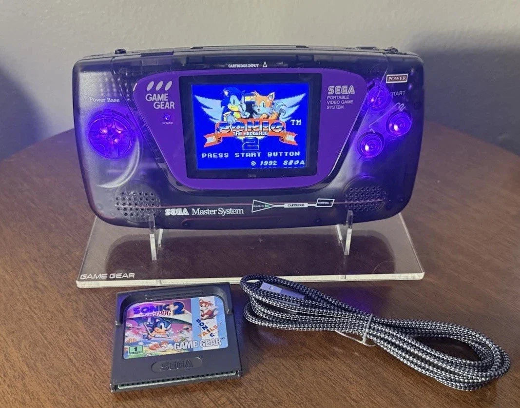 Custom Sega Game Gear – Master System Shell, R6 IPS Screen, USB-C Rechargeable, Purple Buttons, Sonic Included